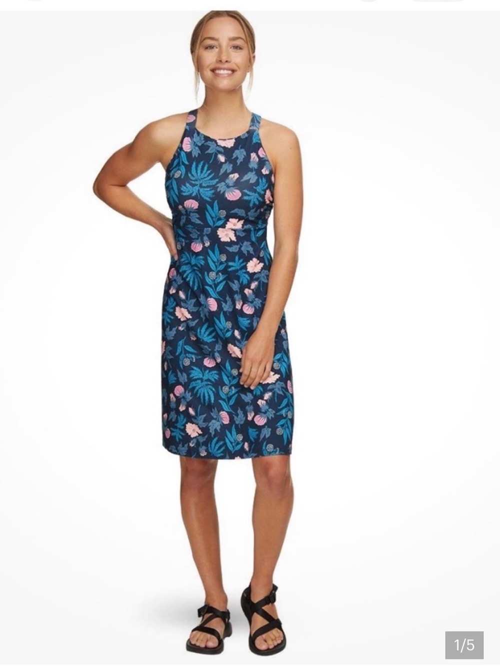 Patagonia Magnolia Spring Navy Blue Floral Jersey Knit Outdoor Dress Size M